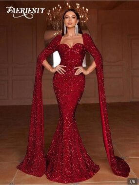 Red Sequin Mermaid Maxi Dress with Dramatic Draped Sleeves